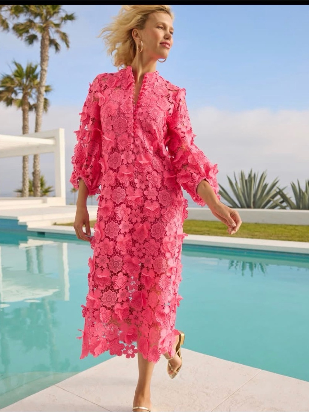 Limited Edition SOLD OUT Trina Turk Pink Lace Midi Dress with 3D Floral Detail